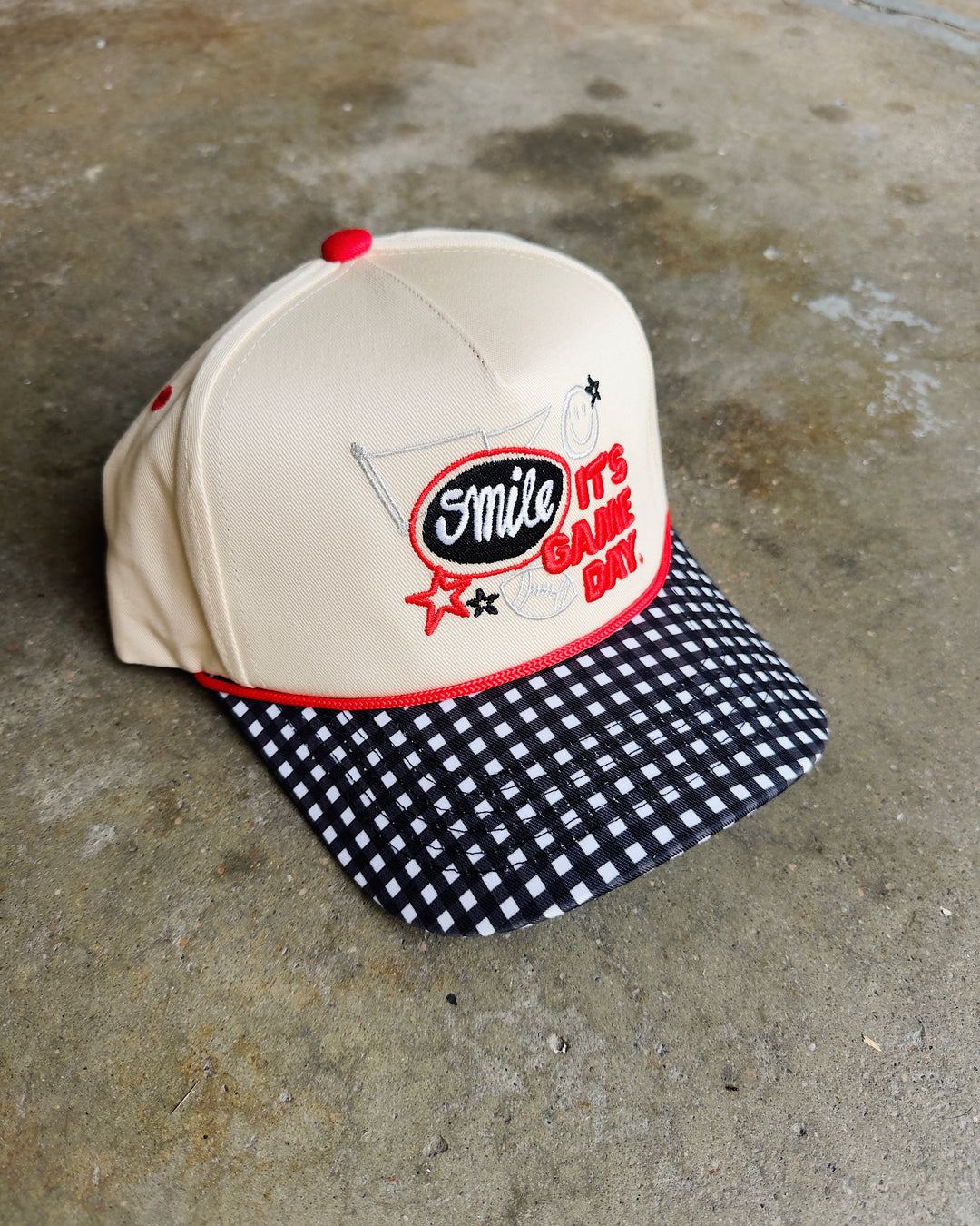 Smile, It’s Game Day Hat - Cream/Black Gingham