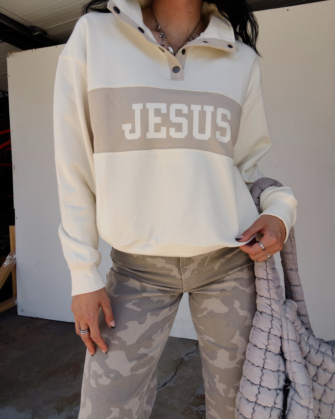 Jesus Color-Block Snap Pullover - Cream