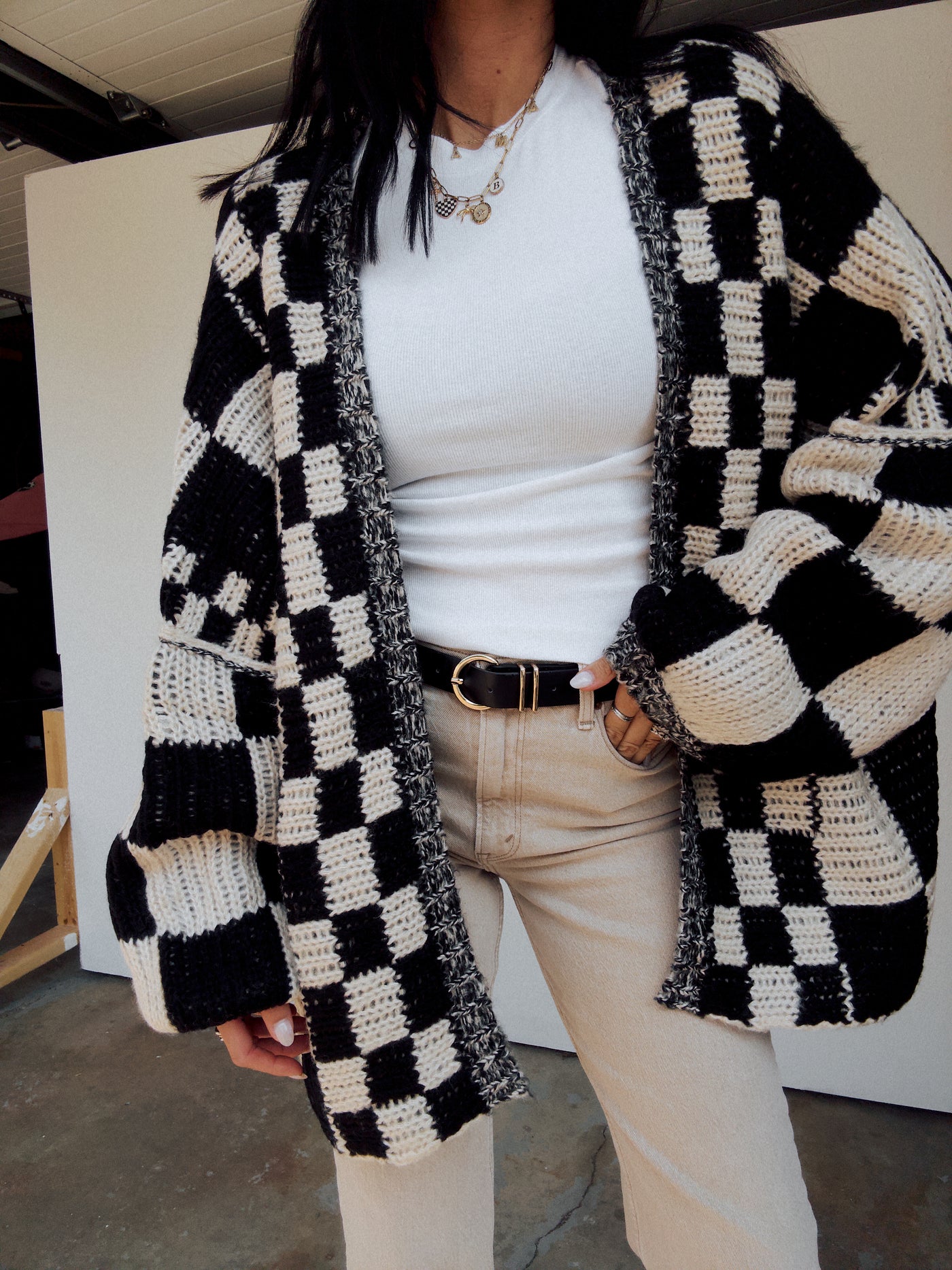 Lennon Oversized Checkered Cardigan - Black/Cream