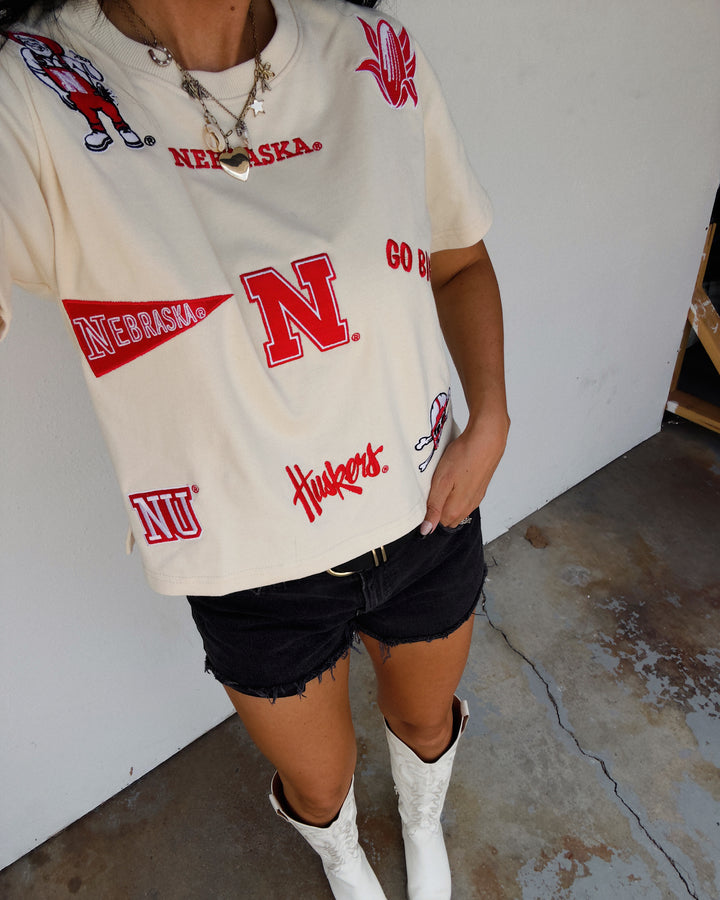 Nebraska All Over Patch Boxy Cropped Tee - Cream