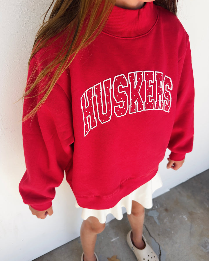 Youth Huskers Polka Dot Puff Mock Neck Sweatshirt - Red