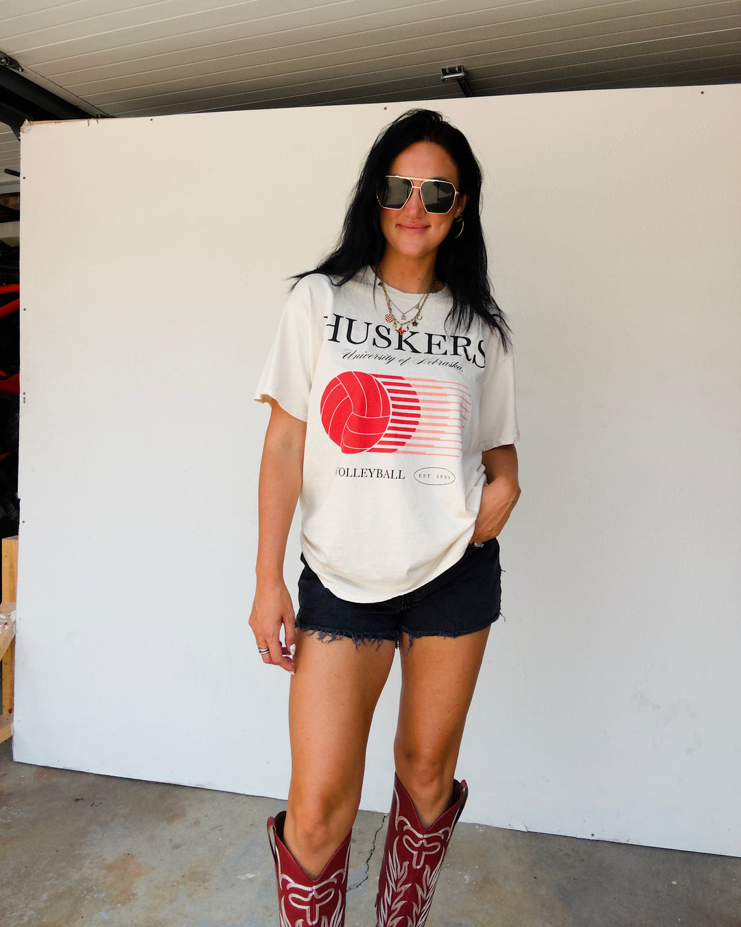 Huskers Retro Split Thrifted Cotton Tee - Ivory