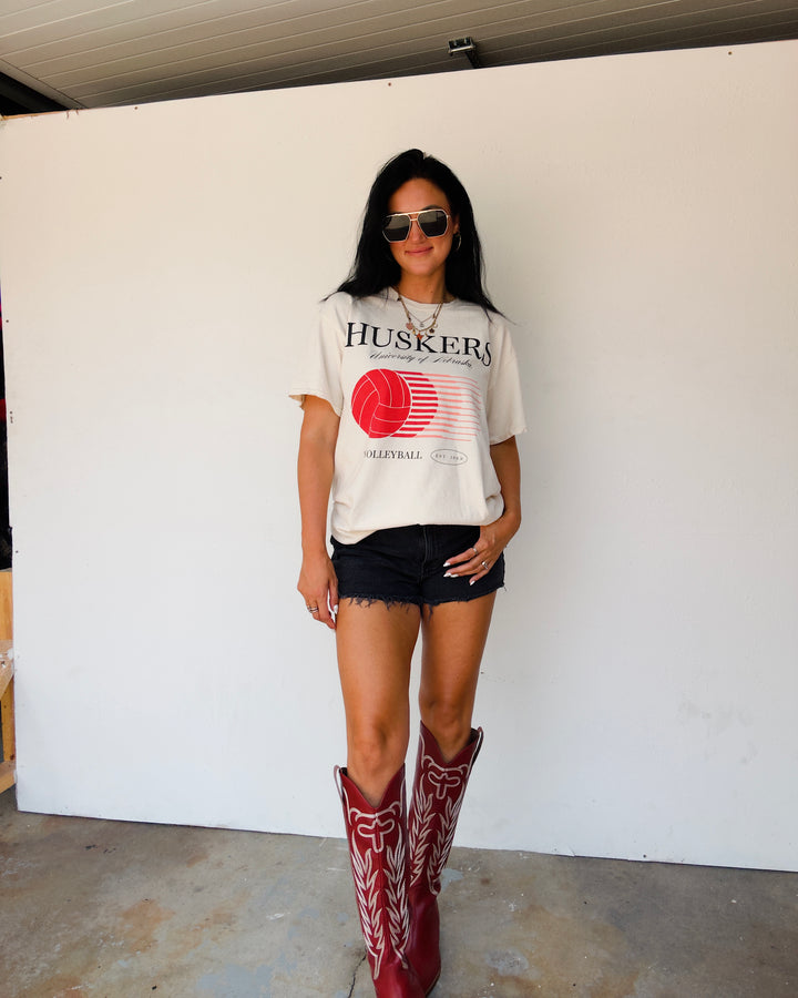 Huskers Retro Split Thrifted Cotton Tee - Ivory