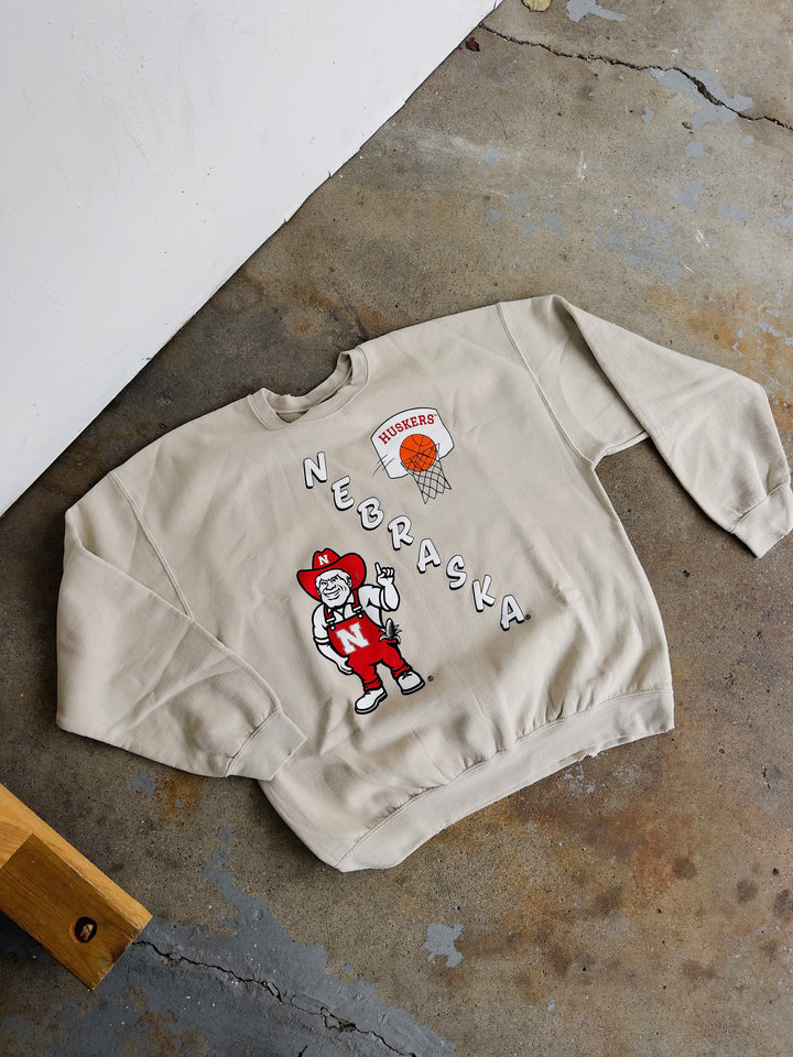 Nebraska Retro Basketball Distressed Sweatshirt - Sand