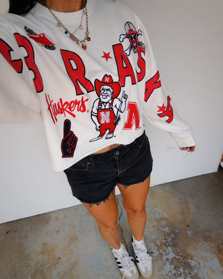 Nebraska Patched Up Cropped Sweatshirt - White