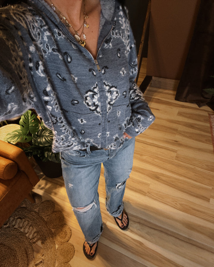 Western Sky Bandana Zip Cardigan - Nordic Blue