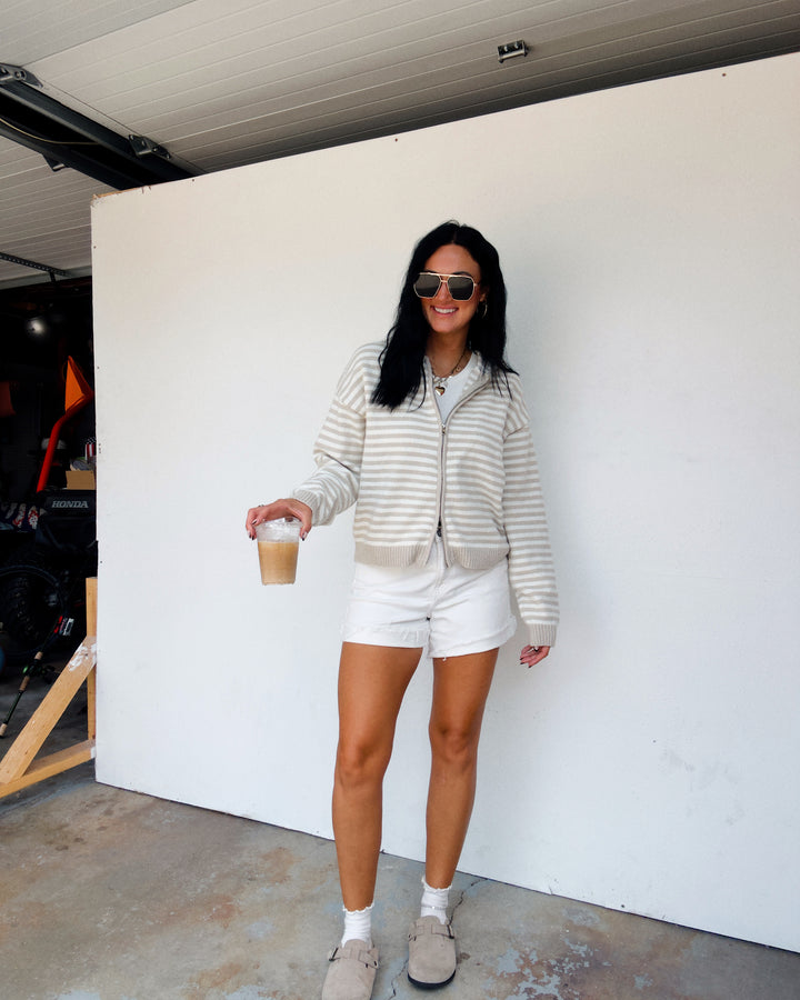 Cooper Striped Zip Jacket - Taupe/White