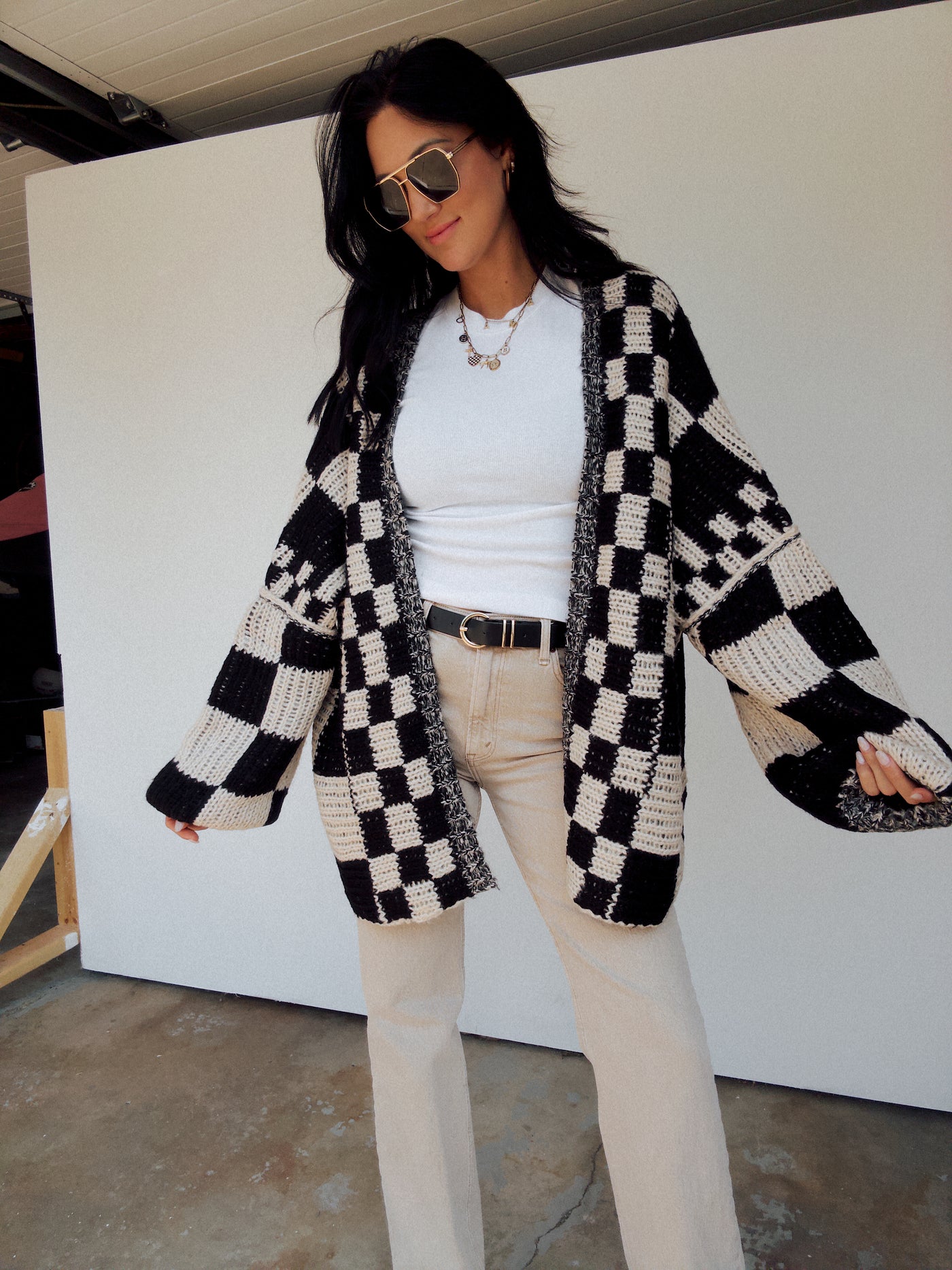 Lennon Oversized Checkered Cardigan - Black/Cream