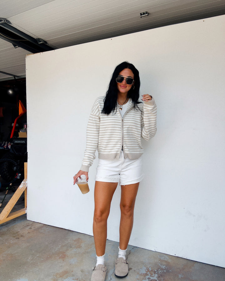 Cooper Striped Zip Jacket - Taupe/White
