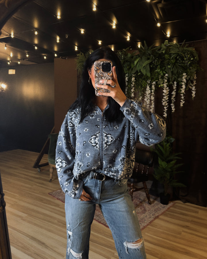 Western Sky Bandana Zip Cardigan - Nordic Blue