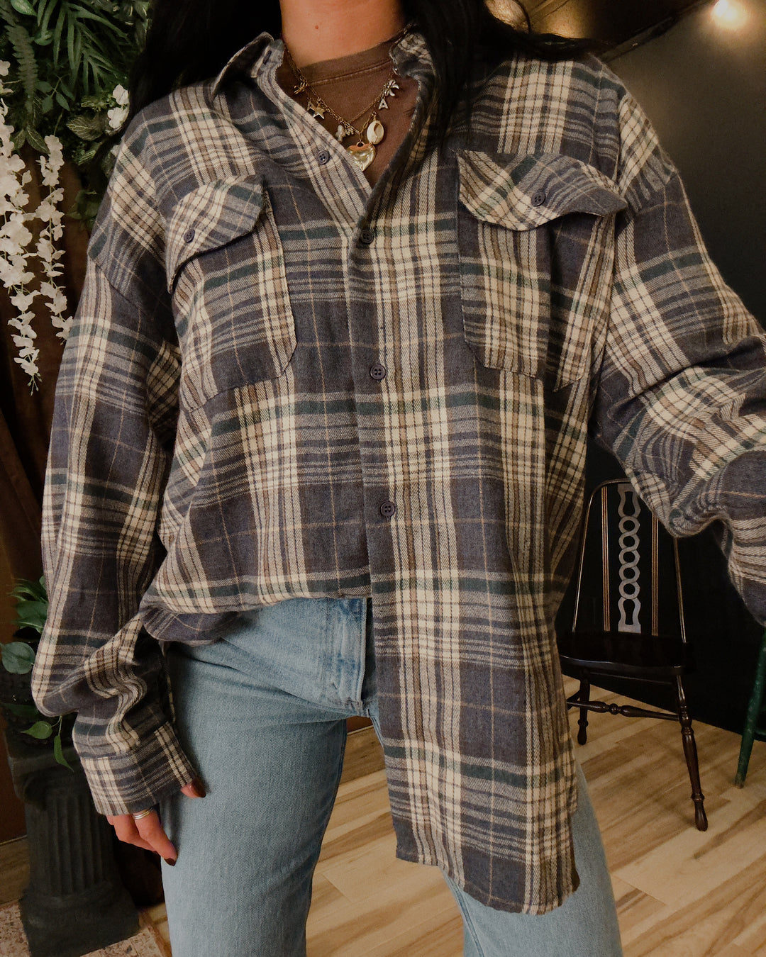 Lola Oversized Button Down Flannel - Blue/Khaki Multi