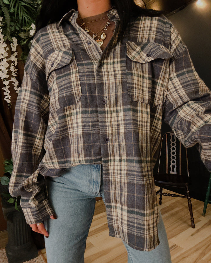 Lola Oversized Button Down Flannel - Blue/Khaki Multi