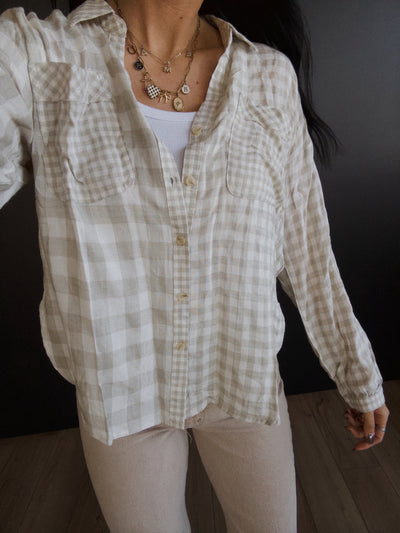 Loveland Checkered Button Down Top - Taupe