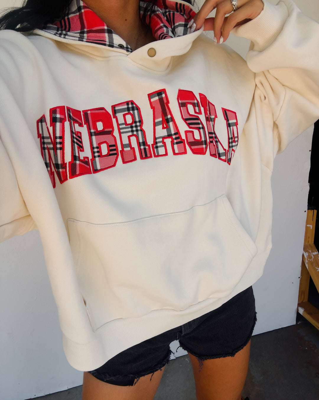 Nebraska Varsity Plaid Hoodie - Cream