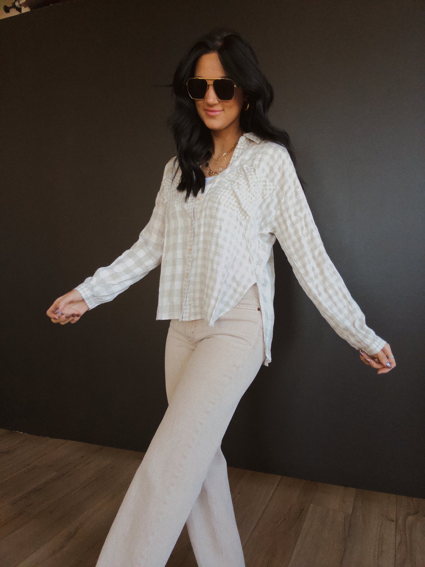 Loveland Checkered Button Down Top - Taupe