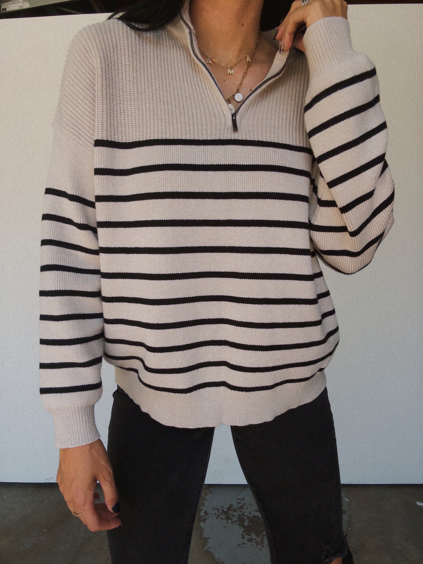 Half-Zip Striped Pullover - Shell/Black