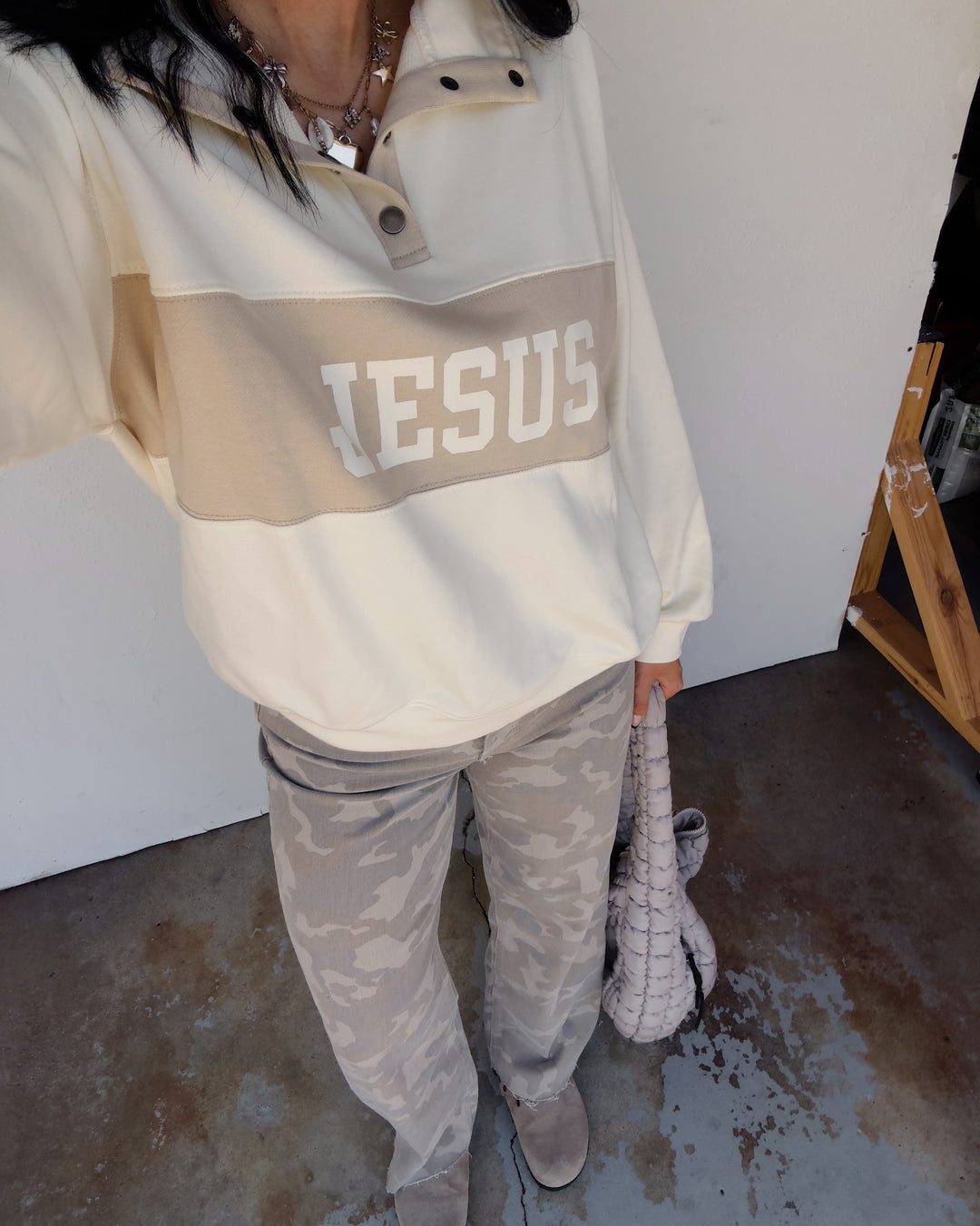 Jesus Color-Block Snap Pullover - Cream