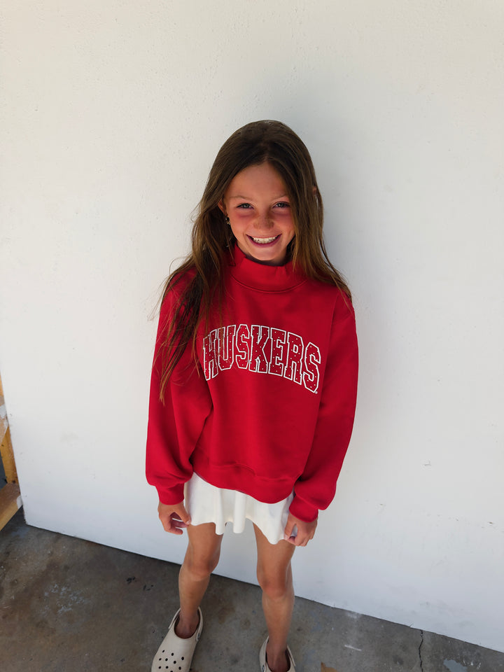 Youth Huskers Polka Dot Puff Mock Neck Sweatshirt - Red