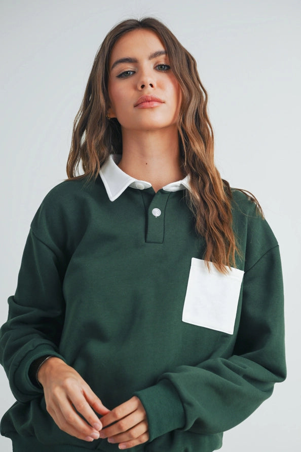 Two-Tone Polo Pullover - Green/Ivory
