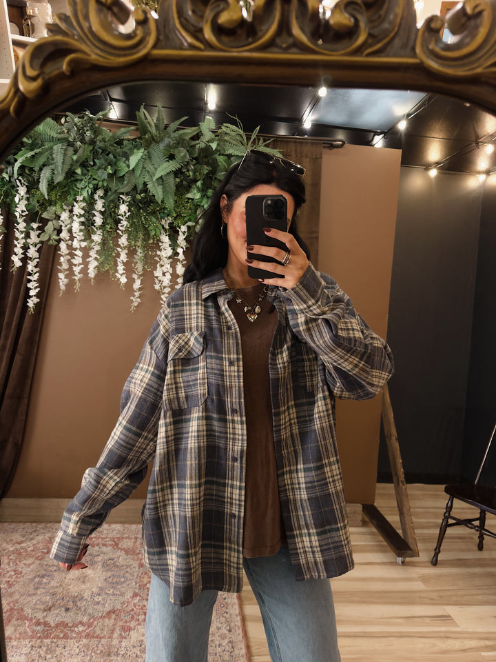 Lola Oversized Button Down Flannel - Blue/Khaki Multi