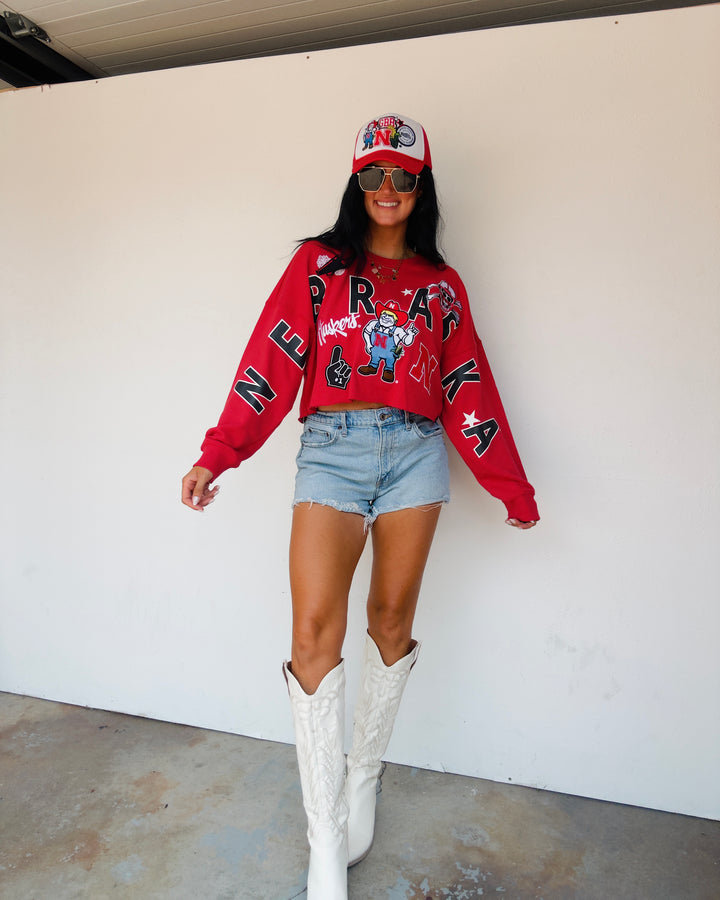 Nebraska Patched Up Cropped Sweatshirt - Red