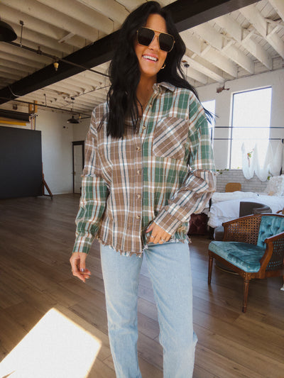 Durango Mixed Plaid Button Down Top - Taupe/Green