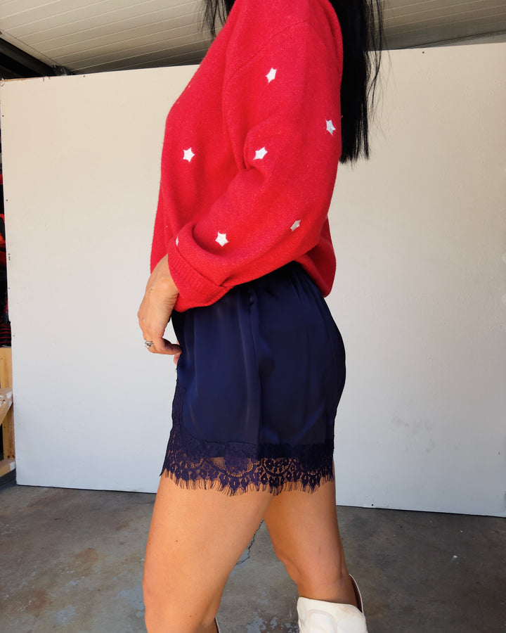 Lace Trim Shorts - Navy