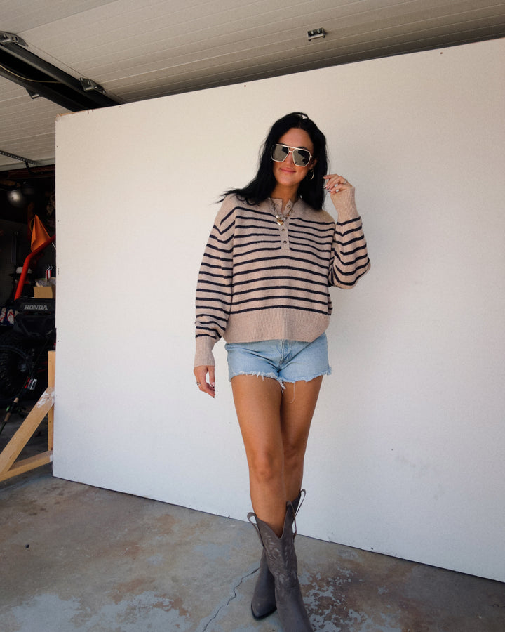 Mariner Striped Henley Sweater - Taupe/Navy