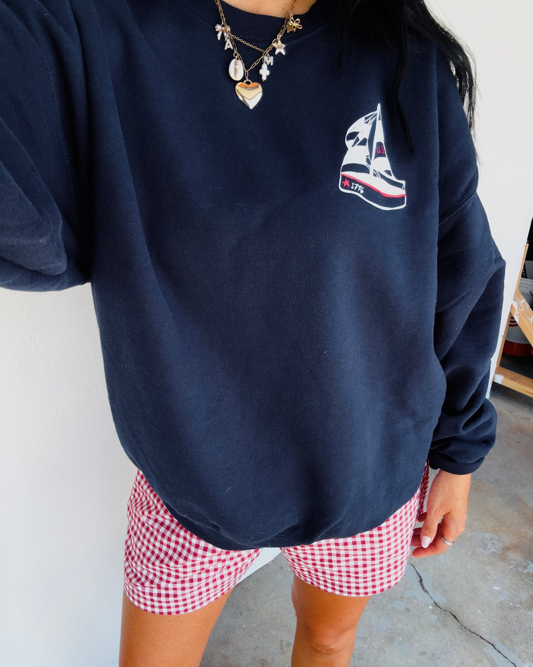 1776 USA Sailboat Distressed Sweatshirt - Navy