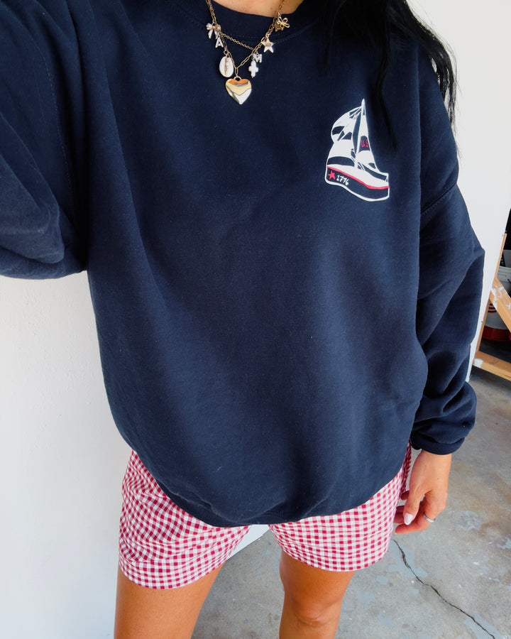 1776 USA Sailboat Distressed Sweatshirt - Navy