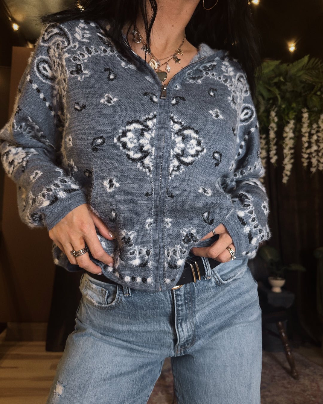 Western Sky Bandana Zip Cardigan - Nordic Blue