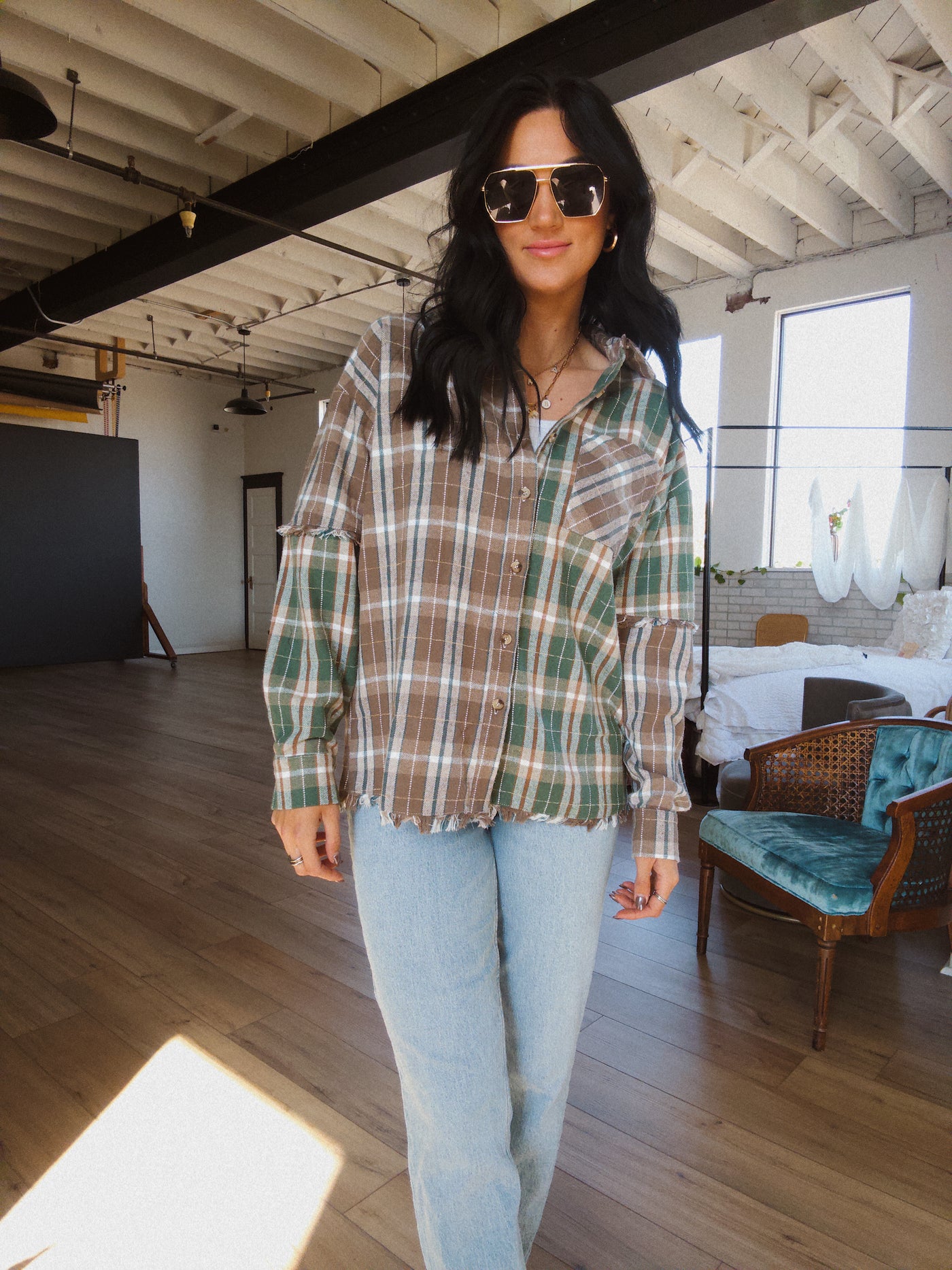 Durango Mixed Plaid Button Down Top - Taupe/Green