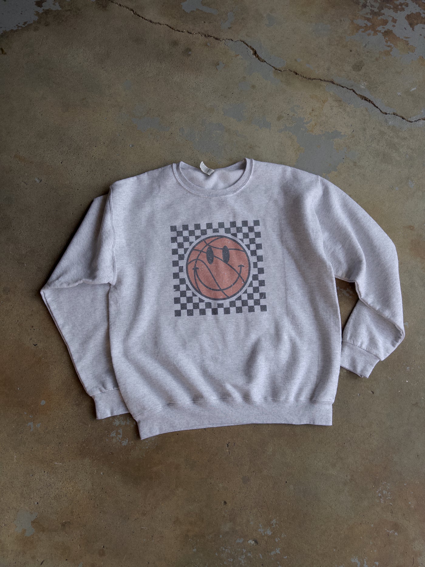 Checkered Smiley Basketball Sweatshirt - Ash