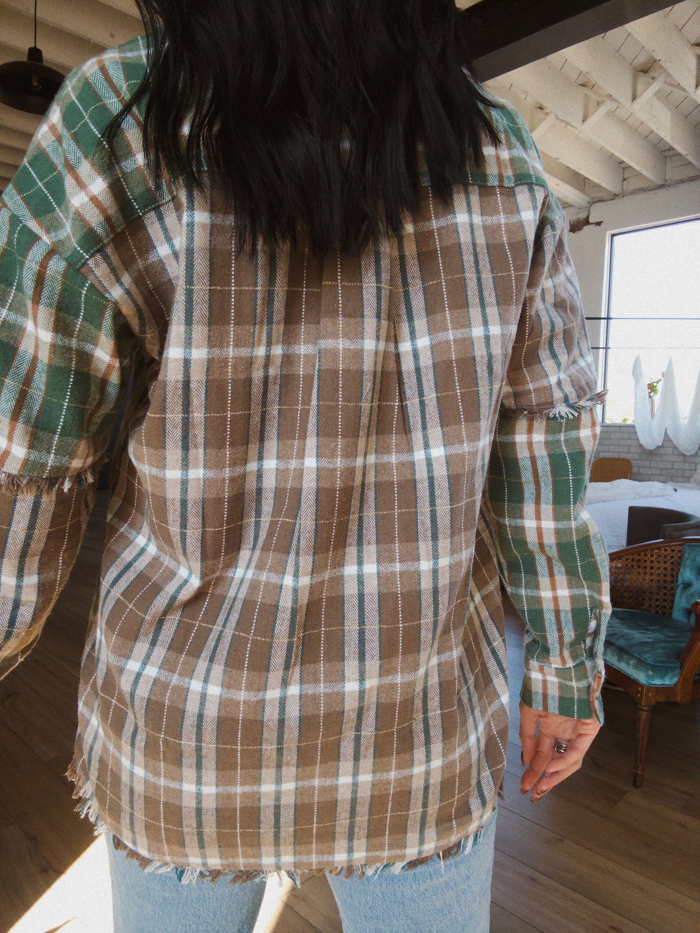 Durango Mixed Plaid Button Down Top - Taupe/Green