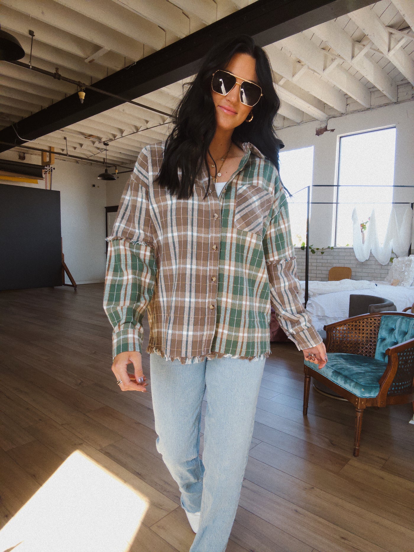 Durango Mixed Plaid Button Down Top - Taupe/Green