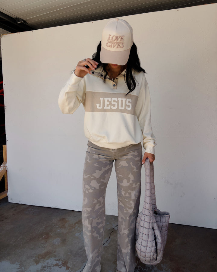 Jesus Color-Block Snap Pullover - Cream