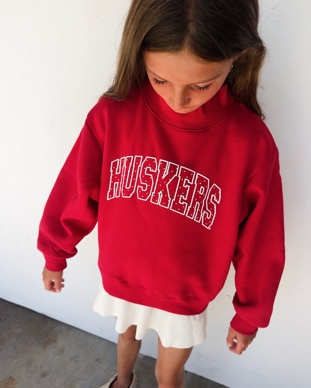 Youth Huskers Polka Dot Puff Mock Neck Sweatshirt - Red