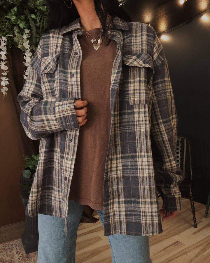 Lola Oversized Button Down Flannel - Blue/Khaki Multi