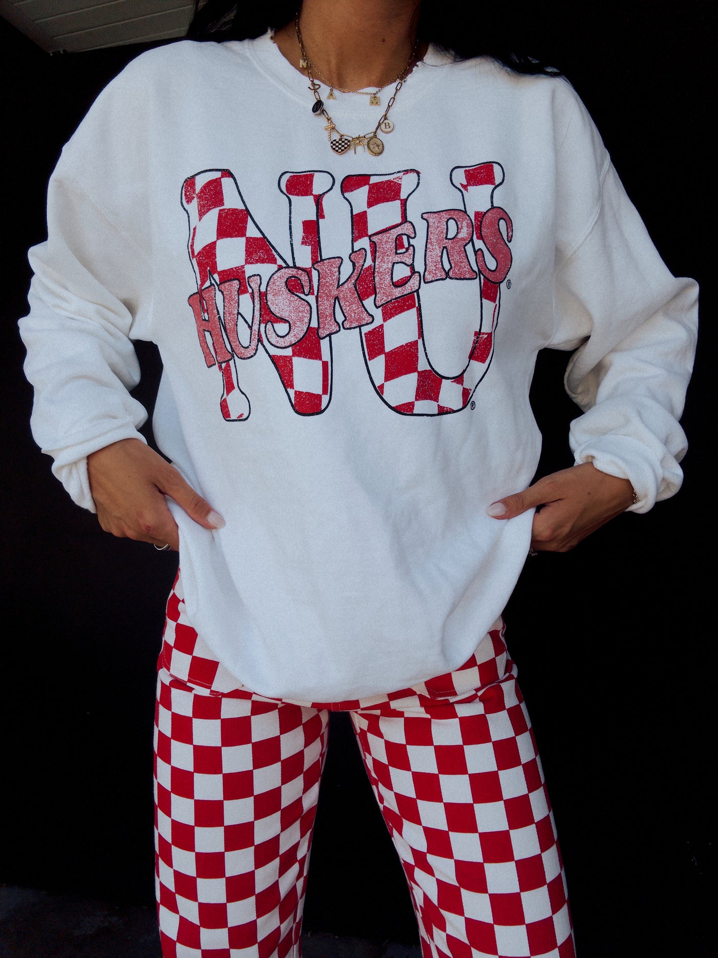 Huskers Twisted Check Thrifted Sweatshirt - White