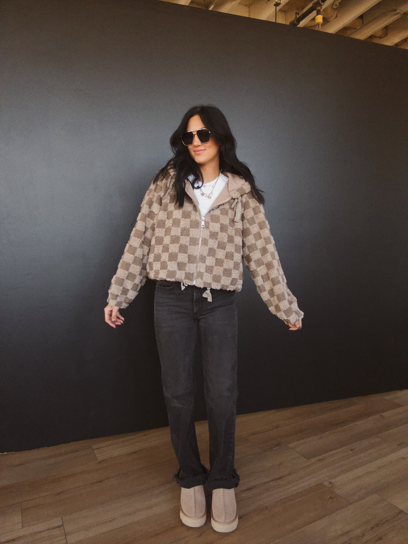 Checkered Sherpa Jacket - Mocha