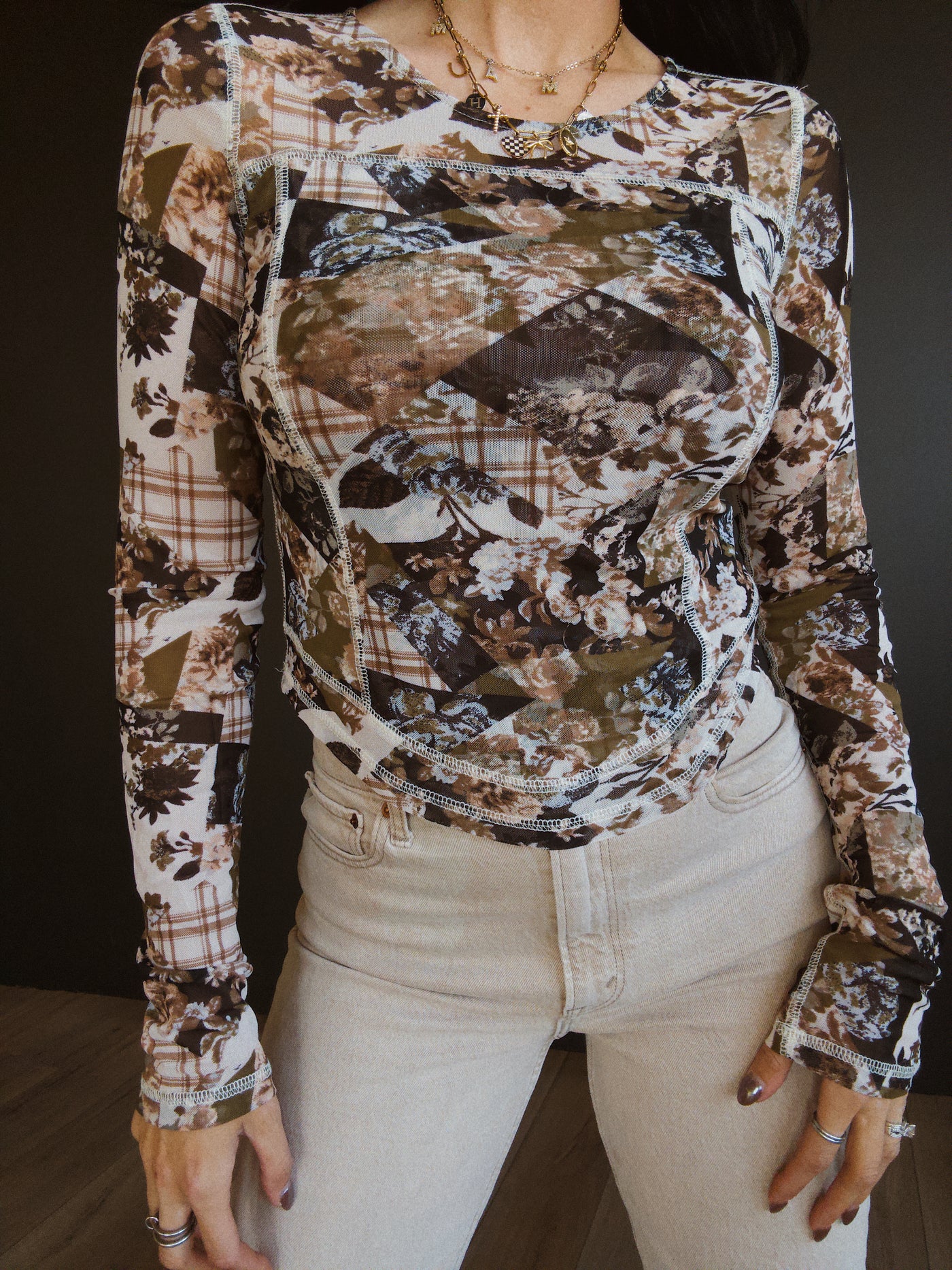 Engelwood Floral Mesh Top - Beige/Olive