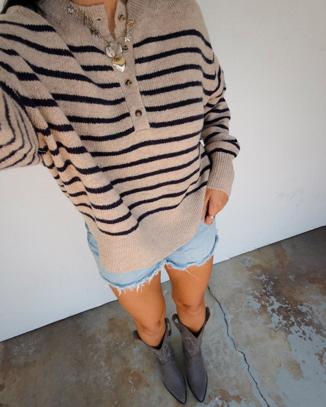 Mariner Striped Henley Sweater - Taupe/Navy