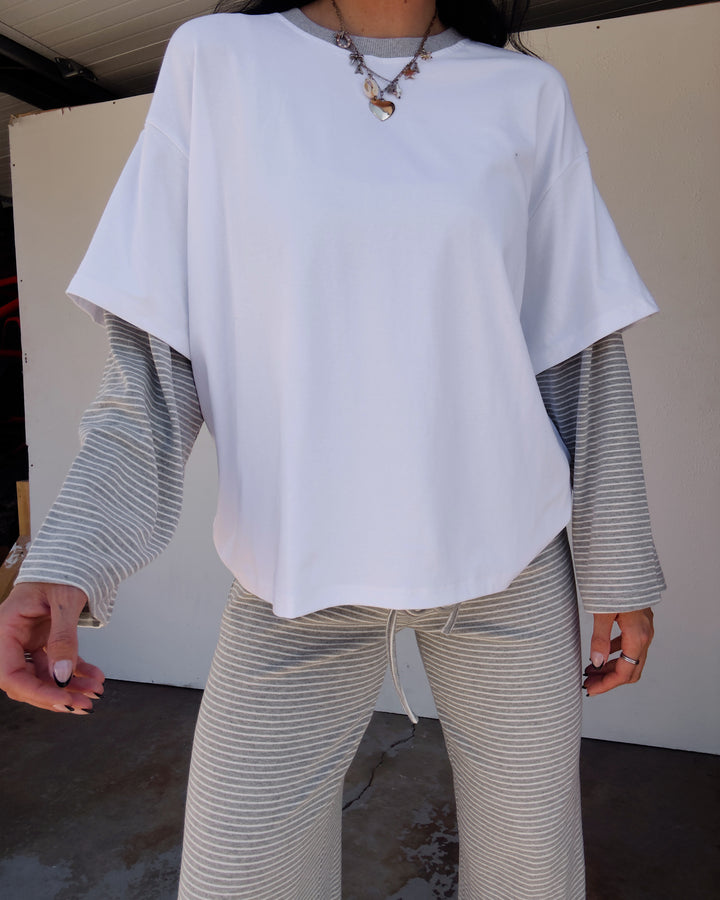 Striped Double Layered Boxy Top - Ash/White