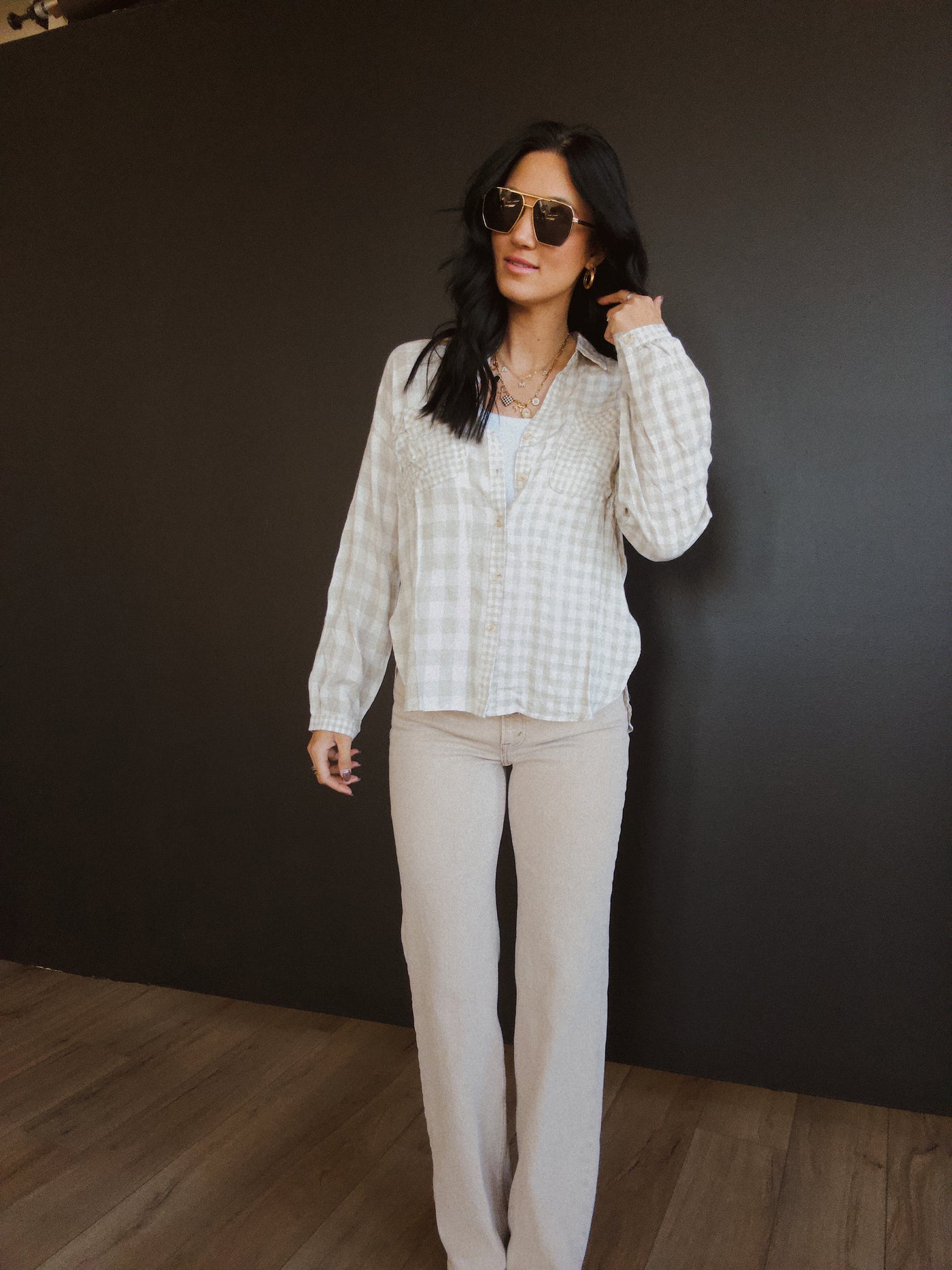 Loveland Checkered Button Down Top - Taupe