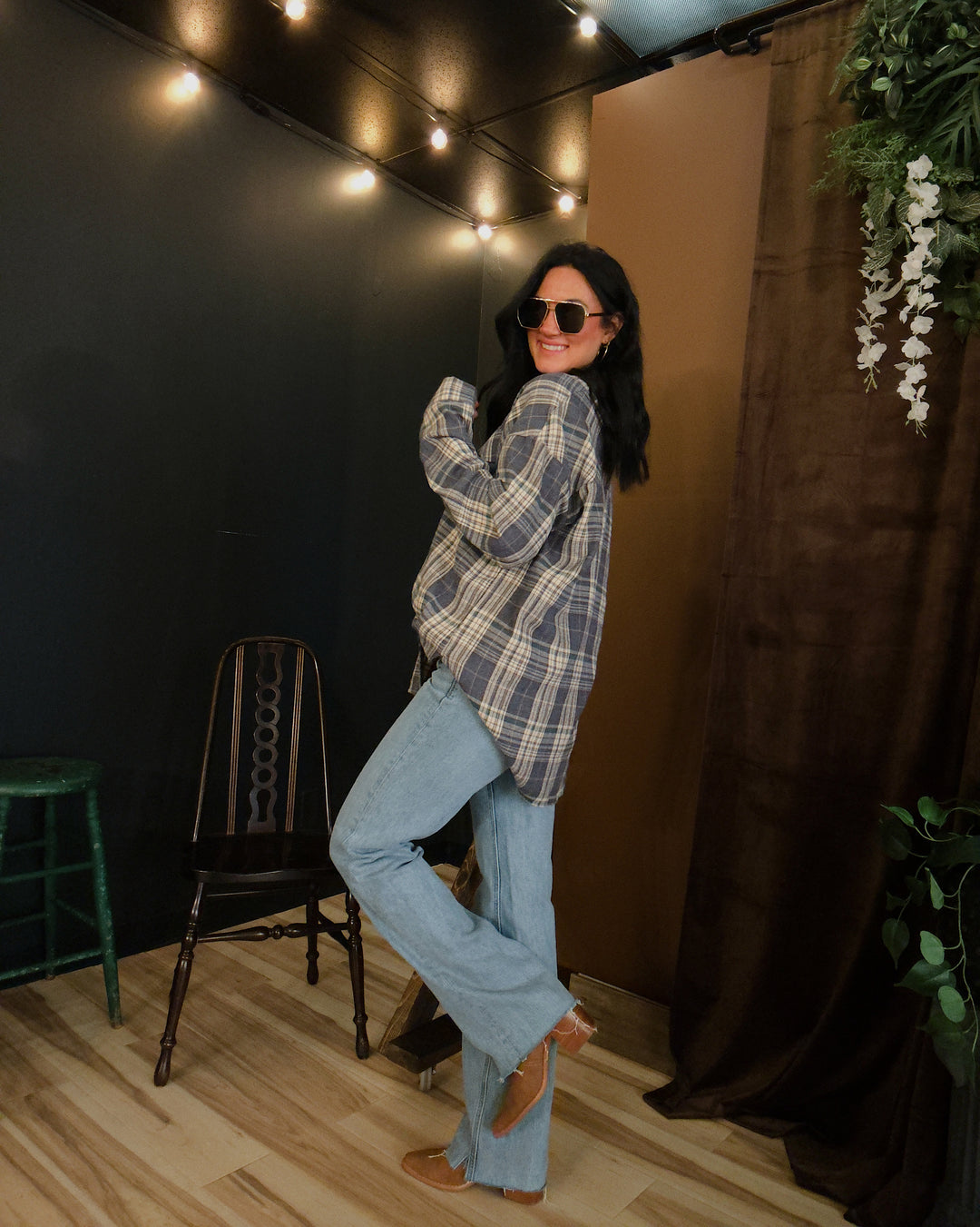 Lola Oversized Button Down Flannel - Blue/Khaki Multi