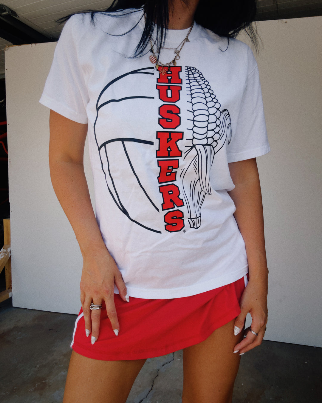 Corn Huskers Volleyball Cotton Tee - White