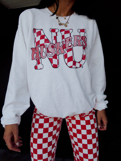 Huskers Twisted Check Thrifted Sweatshirt - White