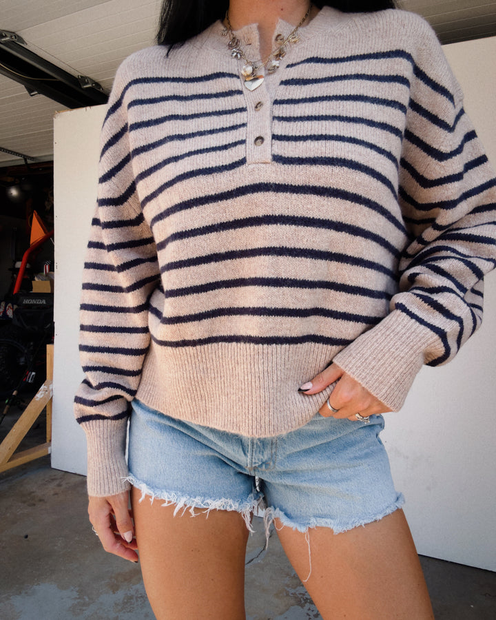 Mariner Striped Henley Sweater - Taupe/Navy