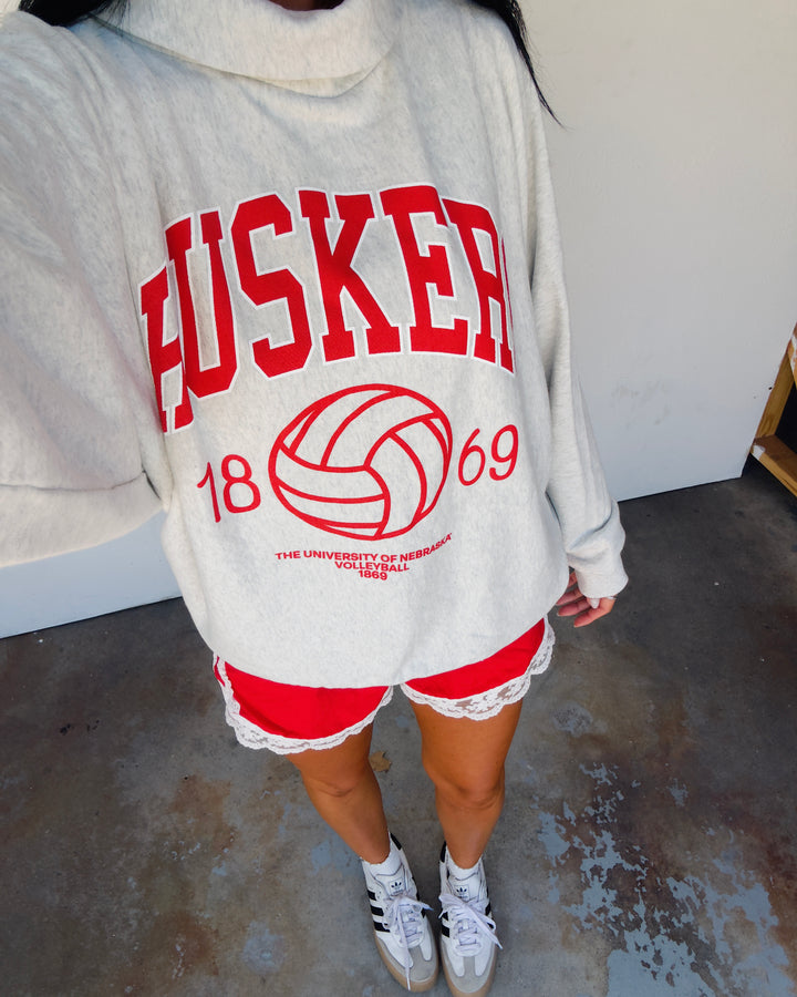 Husker Volleyball Rolled Mock Neck - Ash