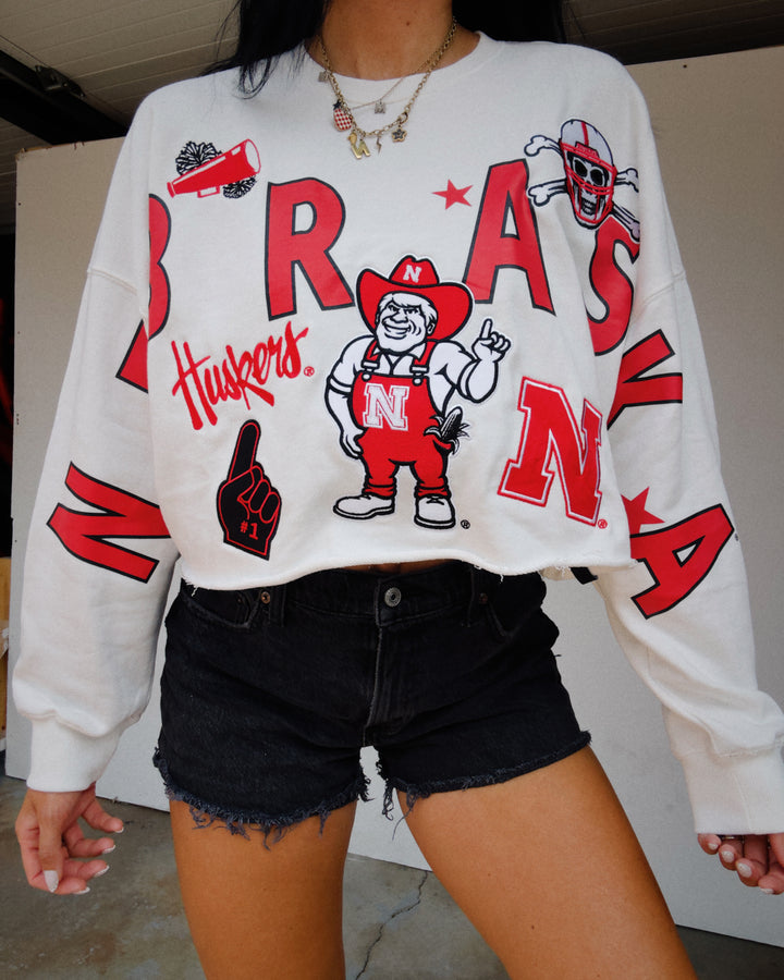 Nebraska Patched Up Cropped Sweatshirt - White